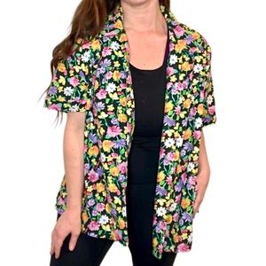 90s Black Yellow Grandmacore Floral Spring Button-down T-shirt Over Shirt XL